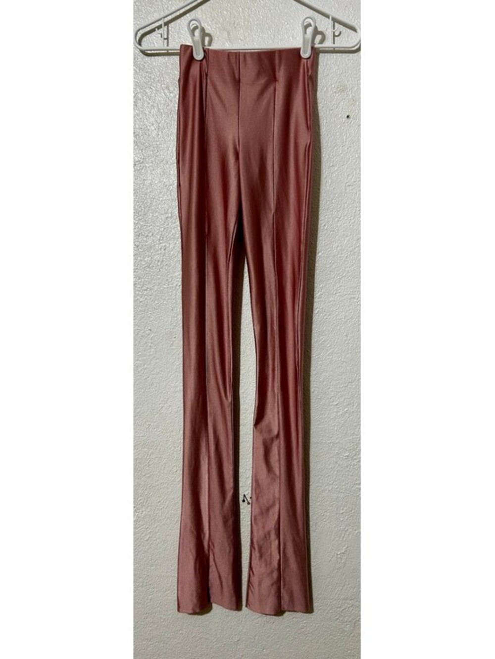 Coucoo Dusty Rose Shiny High Waisted Pants Front Seam Split Hem Stretch Flare S